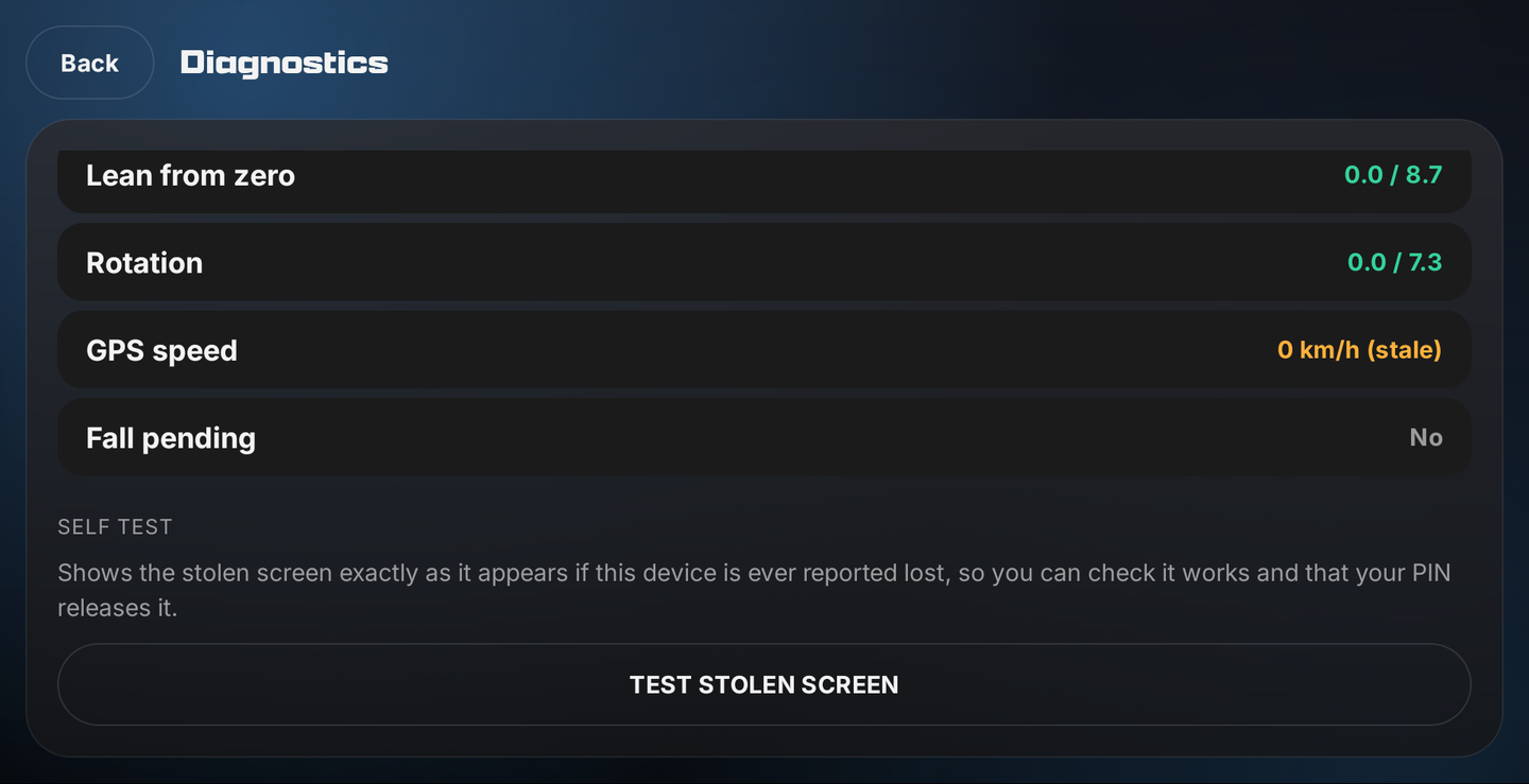 The Self Test section of Diagnostics with a Test Stolen Screen button