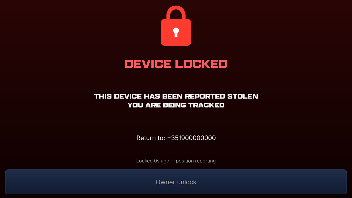 DEVICE LOCKED screen: this device has been reported stolen, you are being tracked, a return-to phone number, and an Owner unlock button